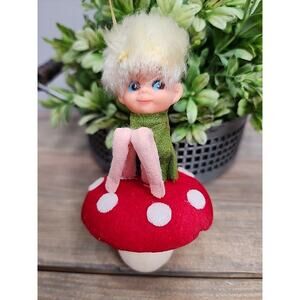 Vintage Flocked Elf Pixie Mushroom Christmas Ornament - Retro Kitsch Japan Decor